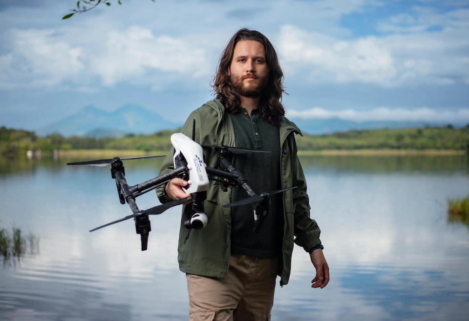 Dan Isaí Alvarez Ruano  holds one of his Dronebots, an innovation in emergency communications that is being scaled with support through UNICEF Innovation30.